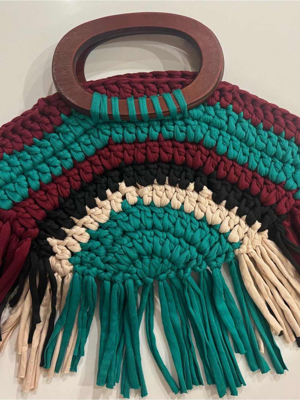 New Bonita Bolso Fringe Tote Bag in Teal, Burgundy & Cream with Wooden Handle